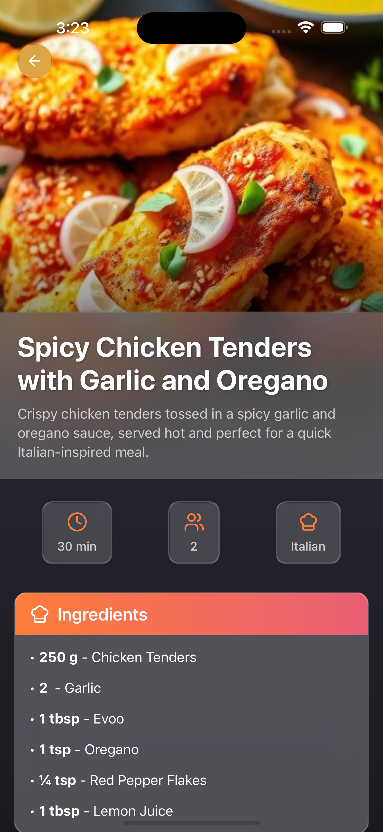 Recipe ingredients screen